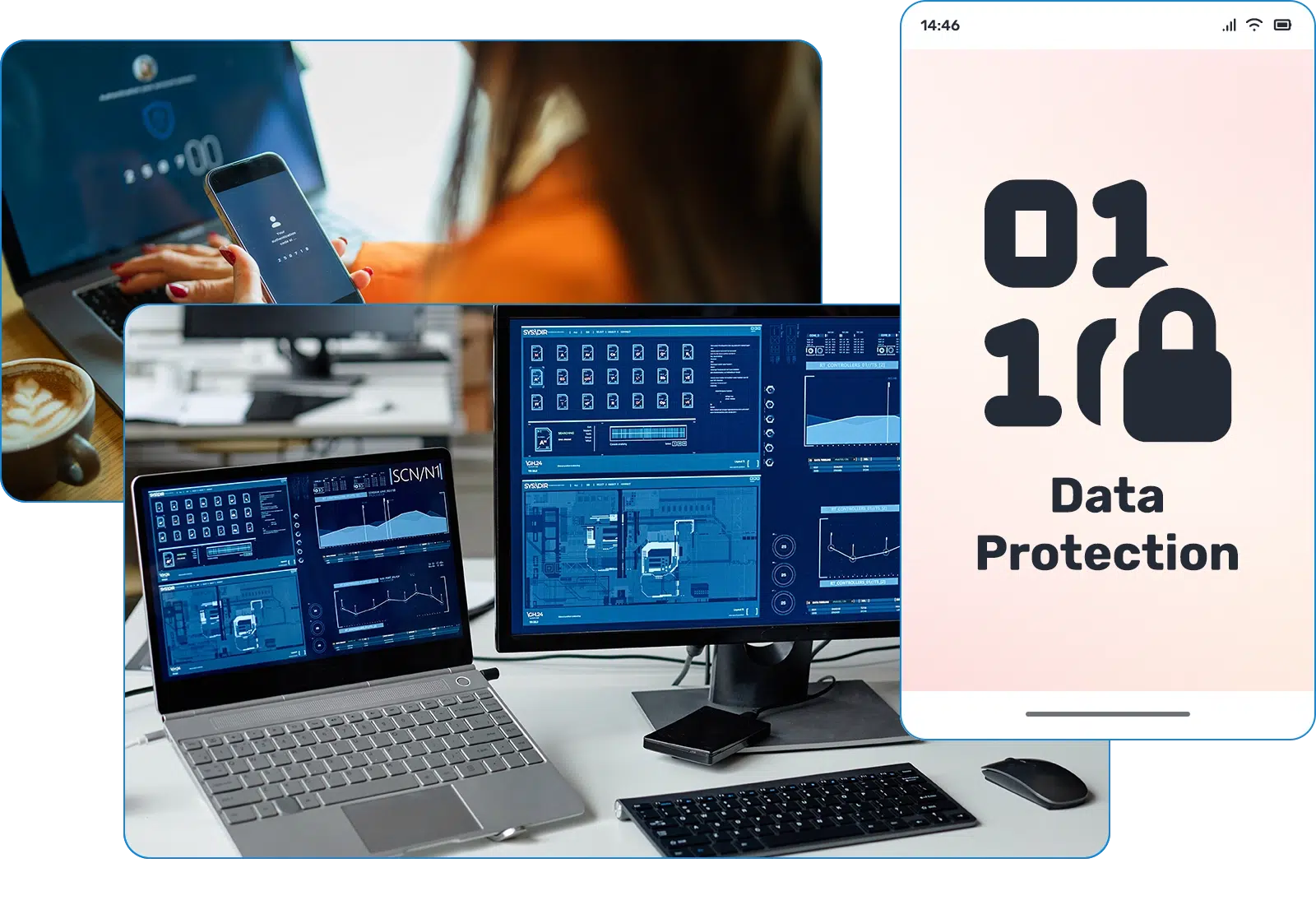 A laptop and a computer monitor with data on screen. Behind, a woman uses VoIP systems on her phone. In the foreground, a graphic that reads 'Data Protection'.
