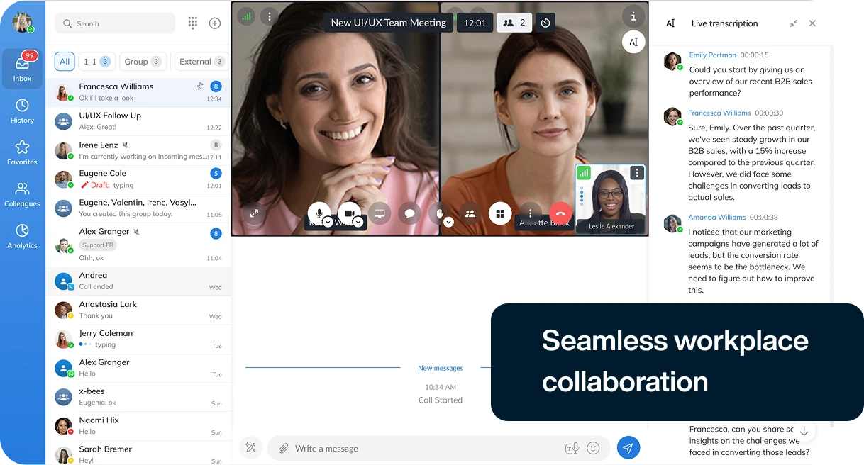A view of Telexperts VoIP systems with a textbox over it saying 'Seamless workplace collaboration'
